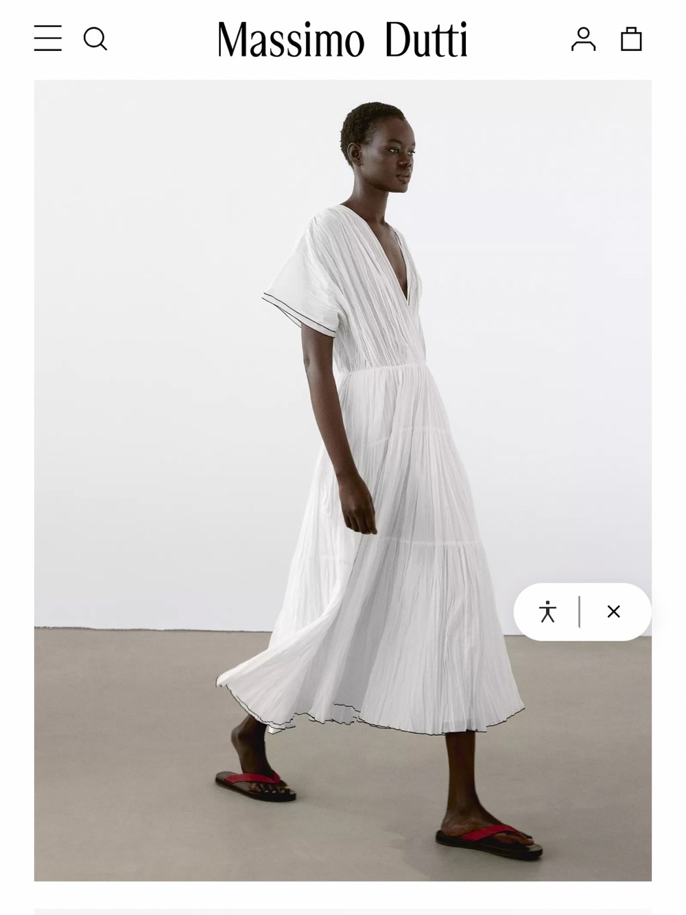 Massimo Dutti White Pleated Maxi Dress with Contrast Trim